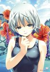  absurdres blue_eyes cloud day flower hibiscus highres koutaro one-piece_swimsuit original school_swimsuit short_hair silver_hair sky solo swimsuit upper_body 
