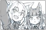  2girls :&lt; :d animal_ear_fluff animal_ears artist_name bell black_border blazer blunt_bangs border commentary_request double_v fang flying_sweatdrops fox_ears fox_girl fox_tail hair_bell hair_between_eyes hair_ornament hair_ribbon jacket jingai_modoki kamuro_(mon-musu_quest!) kitsu_(mon-musu_quest!) long_sleeves looking_at_viewer mon-musu_quest! monochrome multiple_girls multiple_tails neck_ribbon open_mouth ribbon screentones selfie short_hair skin_fang smile sweatdrop tail upper_body v 