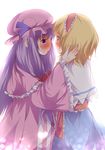  alice_margatroid blonde_hair blush capelet frills hairband hat hug long_sleeves mob_cap multiple_girls patchouli_knowledge purple_eyes purple_hair simple_background touhou white_background yatomi yuri 