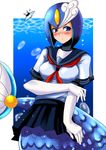  bad_id bad_pixiv_id blue_background blush breasts bubble elbow_gloves frown galaxyman gloves helmet large_breasts looking_at_viewer mermaid monster_girl neckerchief purple_eyes ripples rockman rockman_(classic) rockman_9 scales school_uniform serafuku shy skirt splash_woman ufo underwater youhei_(testament) 