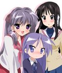  akiyama_mio akiyama_mio_(cosplay) bad_id bad_pixiv_id bangs black_eyes black_hair blunt_bangs blush clannad company_connection cosplay costume_switch crossover fujibayashi_kyou fujibayashi_kyou_(cosplay) hiiragi_kagami hiiragi_kagami_(cosplay) hikarizaka_private_high_school_uniform hime_cut k-on! kyoto_animation long_hair lowres lucky_star momoiro_tanuki multiple_girls pink_neckwear purple_eyes purple_hair ryouou_school_uniform school_uniform serafuku twintails 