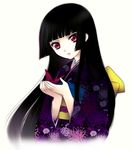  bangs black_hair black_kimono blunt_bangs enma_ai floral_print hime_cut holding japanese_clothes jigoku_shoujo kimono long_hair mizunomoto obi origami paper_crane red_eyes sash simple_background solo white_background 