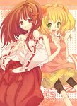  blonde_hair brown_eyes brown_hair green_eyes japanese_clothes miko multiple_girls original retei 