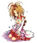  antenna_hair blonde_hair breasts brooch cleavage collarbone full_body gem green_eyes jewelry kara_(color) lady_pearl legend_of_mana long_sleeves looking_at_viewer medium_breasts seiken_densetsu short_hair simple_background solo white_background 