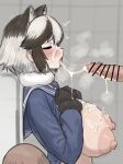  1girl absurdres after_fellatio alternate_breast_size animal_ears bar_censor black_gloves blue_shirt blurry blurry_background blush breasts brown_hair censored closed_eyes clothes_lift cum cum_in_mouth cum_in_nose cum_on_body cum_on_breasts cum_on_hair cum_on_penis cum_on_tongue cum_string detached_collar erection extra_ears facial from_side fur-trimmed_sleeves fur_collar fur_trim furrowed_brow gloves grey_hair highres huge_breasts huge_nipples kemono_friends kemono_friends_3 large_areolae large_penis lifting_own_clothes long_sleeves multicolored_hair nipples no_bra open_mouth penis puffy_nipples raccoon_ears raccoon_girl raccoon_tail sailor_collar shibori_kasu shirt shirt_lift short_hair sidelocks solo_focus tail tanuki_(kemono_friends) tongue tongue_out trembling two-tone_hair upper_body veins veiny_penis 