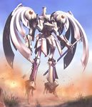  auge_arsculs blue_sky day five_star_stories floating full_body grass holding holding_sword holding_weapon mecha mortar_headd no_humans nyaou rubble sheath sheathed sky super_robot sword weapon 