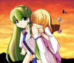  bad_id bad_pixiv_id bare_shoulders blonde_hair blue_eyes carrying closed_eyes detached_sleeves frog green_hair hairband hat hat_removed headwear_removed kirisame_marisa kochiya_sanae looking_back moriya_suwako multiple_girls oyaji-sou piggyback raised_eyebrow silhouette sleeping smile snake sunset touhou 