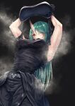  1girl absurdres arknights armor armpits arms_up belt black_background black_gloves black_tank_top blush breastplate cowboy_shot from_below gloves green_hair highres horns hoshiguma_(arknights) kuromu long_hair looking_at_viewer looking_down open_clothes simple_background single_horn skin-covered_horns solo steaming_body sweat tank_top unzipped very_long_hair yellow_eyes 