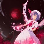  full_moon hat highres magic_circle moon nikka_(cryptomeria) one_eye_closed purple_hair red_eyes red_moon remilia_scarlet slit_pupils solo touhou wings wrist_cuffs 