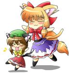  &gt;_&lt; :3 =_= animal_ears bad_id bad_pixiv_id bow brown_hair cat_ears cat_tail chen closed_eyes earrings fang hair_bow hat horns ibuki_suika jewelry long_hair multiple_girls musical_note orange_hair pic2_toshi ribbon tail touhou x3 