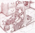  ball bangs barefoot blunt_bangs bow feet fujiwara_no_mokou graphite_(medium) hair_bow hair_ribbon hime_cut long_hair monochrome red ribbon sakino_shingetsu sitting sketch solo touhou traditional_media v_arms younger 