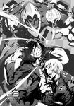  1girl blood eika_(artist) evoker greyscale gun gun_to_head holding holding_gun holding_weapon monochrome persona persona_3 ribbon school_uniform thanatos torn_clothes weapon yamagishi_fuuka yuuki_makoto 