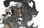  1boy 74nogo belt chest_strap dark_persona dark_skin evil_grin evil_smile glowing glowing_eyes grey_hair grin holding holding_weapon keyblade kingdom_hearts male_focus muscular muscular_male possessed short_hair smile terra-xehanort tight_clothes twitter_username weapon white_background yellow_eyes 