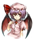  bad_id bad_pixiv_id bat_wings hat mob_cap puffy_short_sleeves puffy_sleeves purple_hair red_eyes remilia_scarlet short_hair short_sleeves solo takemori_shintarou touhou white_background wings 