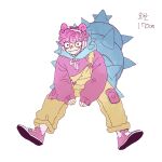  1girl bison_pang black_eyes curly_hair height highres humanization looking_at_viewer pants pink_shoes pokemon pokemon_(creature) shoes simple_background sitting slowbro smile sweater white_background yellow_pants 