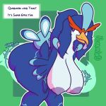 anthro big_breasts big_butt bouncing_breasts breasts butt dialogue_box female generation_9_pokemon hanging_breasts hi_res huge_breasts huge_butt nintendo nokamiwd pokemon pokemon_(species) presenting presenting_hindquarters quaquaval shaking_breasts shaking_butt solo taunting thick_thighs tongue tongue_out wide_hips