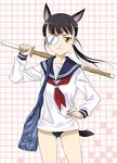  agahari alternate_costume animal_ears bag black_hair duffel_bag extra_ears eyepatch no_pants sakamoto_mio school_swimsuit school_uniform shinai solo strike_witches swimsuit swimsuit_under_clothes sword tail weapon world_witches_series younger 