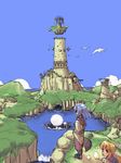  1girl bird castle cloud concept_art copyright_request day floating_island landscape nakopapa outdoors scenery sky tower 
