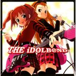  back-to-back blush brown_hair guitar hairband idolmaster idolmaster_(classic) idolmaster_live_for_you! instrument kantoku microphone microphone_stand minase_iori multiple_girls plaid plaid_skirt plectrum punk punkish_gothic skirt striped takatsuki_yayoi thighhighs twintails zettai_ryouiki 