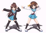  brown_eyes brown_hair cardigan dancing genderswap genderswap_(mtf) hairband hayashiya_zankurou kita_high_school_uniform kyonko long_hair multiple_girls oekaki ponytail school_uniform serafuku short_hair suzumiya_haruhi suzumiya_haruhi_no_yuuutsu thighhighs 