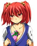  bad_hands between_breasts blush breasts cleavage gift gift_between_breasts hair_bobbles hair_ornament large_breasts onozuka_komachi red_hair shin-mottie solo touhou two_side_up 