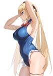  1girl absurdres azur_lane blonde_hair blue_eyes breasts cowboy_shot dead_or_alive dead_or_alive_xtreme frilled_one-piece_swimsuit frills from_side highleg highleg_one-piece_swimsuit highres large_breasts long_hair looking_at_viewer marie_rose marie_rose_(devilish_servant_against_the_splashing_waves) official_alternate_costume one-piece_swimsuit simple_background solo soranoki swimsuit thigh_strap very_long_hair white_background 