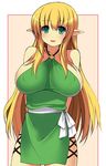  arms_behind_back bare_shoulders blonde_hair breasts covered_nipples cowboy_shot elf green_eyes halterneck huge_breasts kyoku_tou long_hair open_mouth pointy_ears solo tiffania_westwood very_long_hair zero_no_tsukaima 