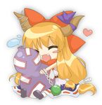  ^_^ bow chain chibi closed_eyes fang gourd hair_bow heart horns ibuki_suika nagamo_sakana orange_hair ribbon solo touhou 