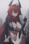  1girl 1other black_gloves black_horns black_jacket breasts chromatic_aberration closed_eyes commentary_request facing_viewer fingerless_gloves gloves goddess_of_victory:_nikke grin hair_between_eyes highres horns hosun jacket large_breasts long_hair mechanical_horns navel outdoors pov pov_hands red_hair red_hood_(nikke) red_scarf scarf smile snowing stomach unzipped upper_body very_long_hair waving 
