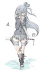  artist_request bandages bandaid blazer bug butterfly grey_hair hair_over_one_eye insect jacket long_hair miniskirt original pleated_skirt shoes skirt socks solo weapon 