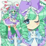  1girl animal_ears animal_slippers apron blue_eyes bow bunny_slippers commission drill_hair frilled_apron frills full_body green_hair hair_bow heart highres long_hair looking_at_viewer miruku_(cutesuu) mochi_eoh multiple_views one_eye_closed original puffy_short_sleeves puffy_sleeves purple_bow purple_skirt purple_socks rabbit rabbit_ears shirt short_sleeves skeb_commission skirt slippers smile socks standing very_long_hair white_apron white_shirt 