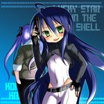  ahoge batou batou_(cosplay) blue_hair cosplay fingerless_gloves ghost_in_the_shell ghost_in_the_shell_stand_alone_complex gloves green_eyes gun hiiragi_kagami izumi_konata kusanagi_motoko kusanagi_motoko_(cosplay) long_hair lucky_star mole mole_under_eye multiple_girls non-web_source weapon 