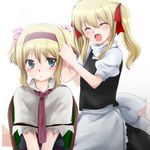  :&lt; ^_^ alice_margatroid alternate_hairstyle bad_id bad_pixiv_id blonde_hair blush capelet closed_eyes fang hairdressing kirisame_marisa marimo_danshaku multiple_girls touhou twintails v_arms 