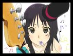  akiyama_mio bad_id bad_pixiv_id bangs bass_guitar black_border black_eyes black_hair blunt_bangs border don't_say_&quot;lazy&quot; fingerless_gloves gloves hat instrument k-on! kosame02 long_hair mini_hat mini_top_hat mouth_hold musical_note plectrum solo top_hat 