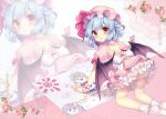  1girl :3 absurdres all_fours back_bow back_cutout bat_wings bloomers blue_hair bobby_socks bow child&#039;s_drawing closed_mouth clothing_cutout crayon crease doily dress fang frilled_thigh_strap hair_between_eyes hat highres holding holding_crayon izayoi_sakuya looking_at_viewer looking_back masaru.jp no_shoes patchouli_knowledge petticoat pink_dress pink_hat pointy_ears puffy_short_sleeves puffy_sleeves red_eyes remilia_scarlet scan short_hair short_sleeves skin_fang socks solo thigh_strap third-party_source touhou white_bloomers white_bow white_socks wings wrist_cuffs zoom_layer 