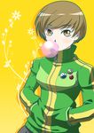  badge brown_hair bubble_blowing c_(neta) chewing_gum hands_in_pockets persona persona_4 satonaka_chie short_hair solo turtleneck 
