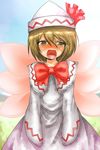  blonde_hair brown_eyes cosplay face harusame_(unmei_no_ikasumi) hat lily_white lily_white_(cosplay) lunasa_prismriver open_mouth ribbon short_hair solo touhou wings yellow_eyes 