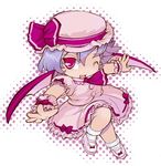  1girl bad_id bad_pixiv_id bat_wings chibi fang hat lowres one_eye_closed purple_hair red_eyes remilia_scarlet short_hair solo touhou wings wrist_cuffs 