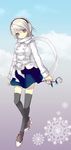  bow buttons cloud coat copyright_request earmuffs flower grey_eyes jacket juke lace ribbon rose scarf short_hair skirt sky snow snowflakes solo thighhighs white_hair zettai_ryouiki 