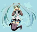  :d aqua_eyes aqua_hair blush hatsune_miku headset long_hair necktie open_mouth skirt smile solo thighhighs toranosuke twintails vocaloid zettai_ryouiki 