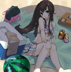  bag barefoot beach beach_umbrella bikini bikini_skirt brown_eyes brown_hair can cooler food fruit long_hair original plaid shade sitting skirt smile solo staring swimsuit tamaki_fuyu towel umbrella v watermelon 