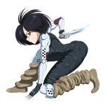  1girl alita android arm_behind_back battle_angel_alita black_bodysuit black_gloves black_hair bodysuit boots breasts brown_boots brown_eyes cyborg fingerless_gloves full_body gloves holding holding_knife holding_weapon knee_boots kneeling knife looking_at_viewer looking_to_the_side mechanical_arms mechanical_legs medium_breasts medium_hair on_one_knee science_fiction shopyun solo weapon white_background 