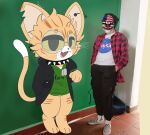 alternative_fashion anthro classmates clothed clothing dallas_(payday) demmy domestic_cat emo felid feline felis feral fur hi_res hipster jacket male mammal nasa pantsless photo_background photography_(artwork) real relaxing school topwear yellow_body yellow_fur