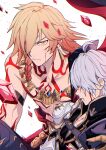  2boys abs absurdres angry antenna_hair arm_tattoo armlet armor armored_gloves bare_pectorals black_coat black_pants black_shirt blonde_hair blood blood_on_face carrying carrying_person chest_tattoo coat collared_shirt commentary_request crystal earrings facial_tattoo gold_earrings gold_necklace gold_trim gradient_hair hair_between_eyes hair_over_one_eye highres honkai:_star_rail honkai_(series) injury jewelry kbutstrhy male_focus medium_hair multicolored_hair multiple_boys mydei_(honkai:_star_rail) necklace open_clothes open_coat pants pauldrons pectorals phainon_(honkai:_star_rail) red_hair red_tattoo shirt short_hair shoulder_armor single_pauldron tattoo toned toned_male veins white_background white_hair yellow_eyes 