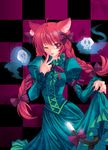  :p ahoge animal_ears bad_id bad_pixiv_id braid cat_ears cat_tail checkered checkered_background dress dress_lift floating_skull green_dress hands kaenbyou_rin long_hair one_eye_closed pico_(picollector79) red_eyes red_hair solo tail tongue tongue_out touhou twin_braids twintails very_long_hair 