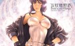  artist_request belt breasts cleavage close-up ghost_in_the_shell ghost_in_the_shell_stand_alone_complex gloves jacket kusanagi_motoko large_breasts leotard lips purple_hair red_eyes short_hair solo wallpaper 