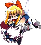  bad_id bad_pixiv_id blonde_hair blue_eyes bow fighting_stance flying_kick hachi_(8bit_canvas) hair_bow kicking shanghai_doll solo touhou transparent_background wings 