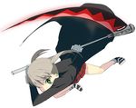  blonde_hair eka_eri green_eyes holding holding_weapon long_sleeves looking_back maka_albarn polearm scythe simple_background solo soul_eater twintails weapon white_background 