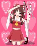  ;d bad_id bad_pixiv_id brown_hair detached_sleeves gohei hakurei_reimu heart highres kneeling midriff navel one_eye_closed open_mouth purin_jiisan smile solo touhou 