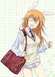  agahari alternate_costume animal_ears bag bunny_ears charlotte_e_yeager closed_eyes dress_shirt laughing long_hair necktie no_pants orange_hair panties school_uniform shirt smile solo strike_witches sweater sweater_vest tail underwear world_witches_series 